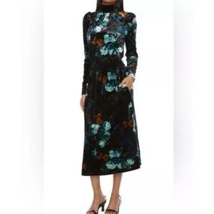 Floral Velvet Long-Sleeve Maxi Dress - Black & Teal